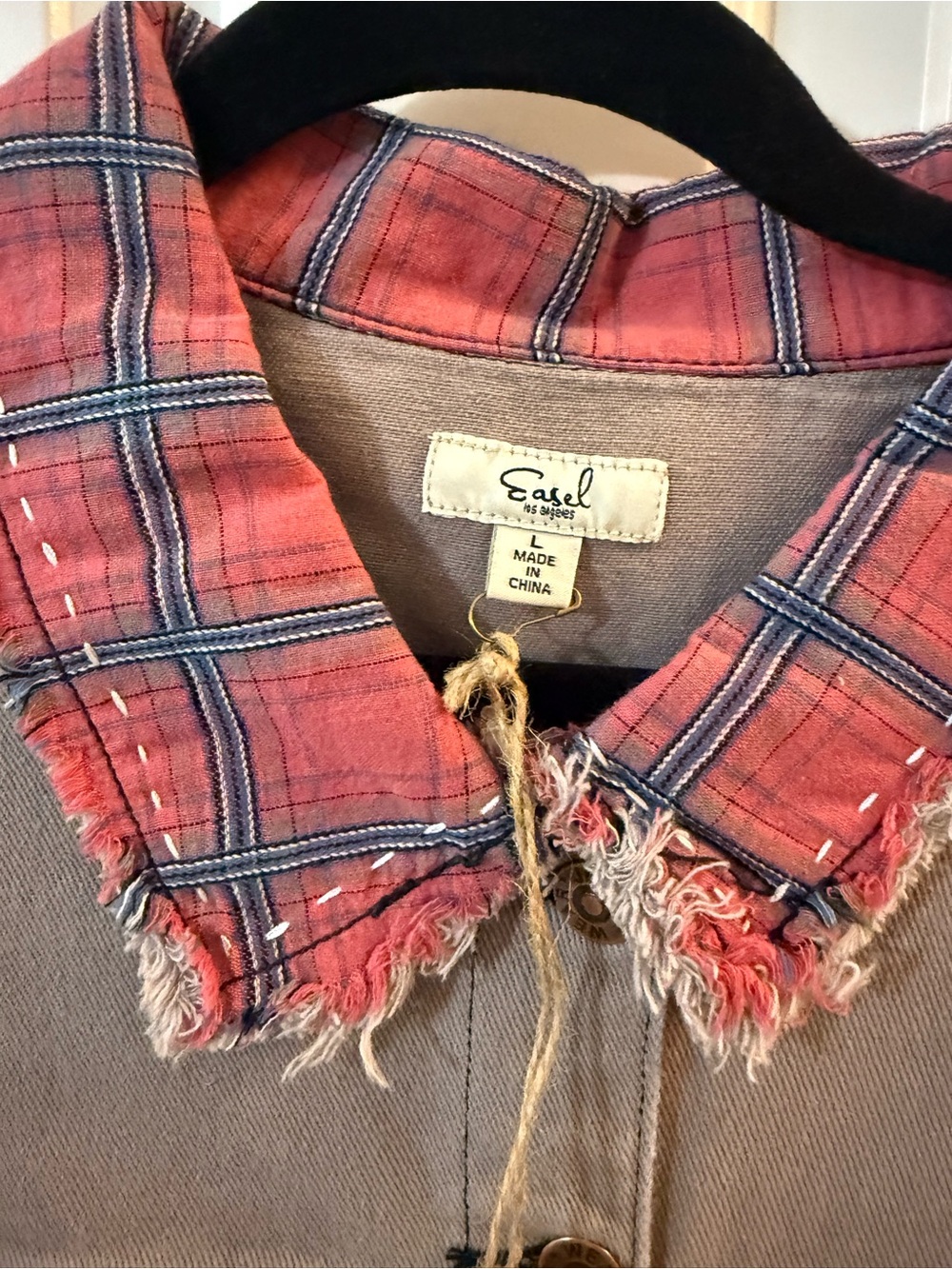 easel Taupe Jean Jacket with Red Plaid Accents and Mixed Patch Pockets - Picture 2 of 5
